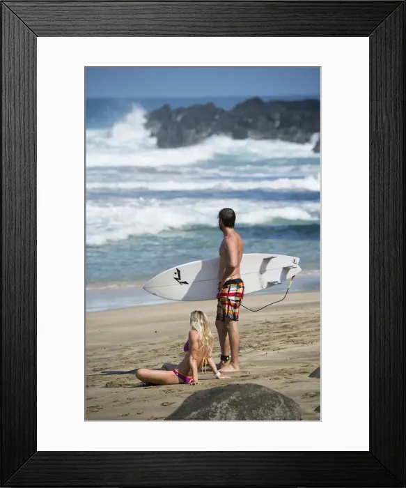 Framed Print : Kauai. USA, Hawaii, Kauai, Hanalei, Na Pali Coast, couple with surf board on beach