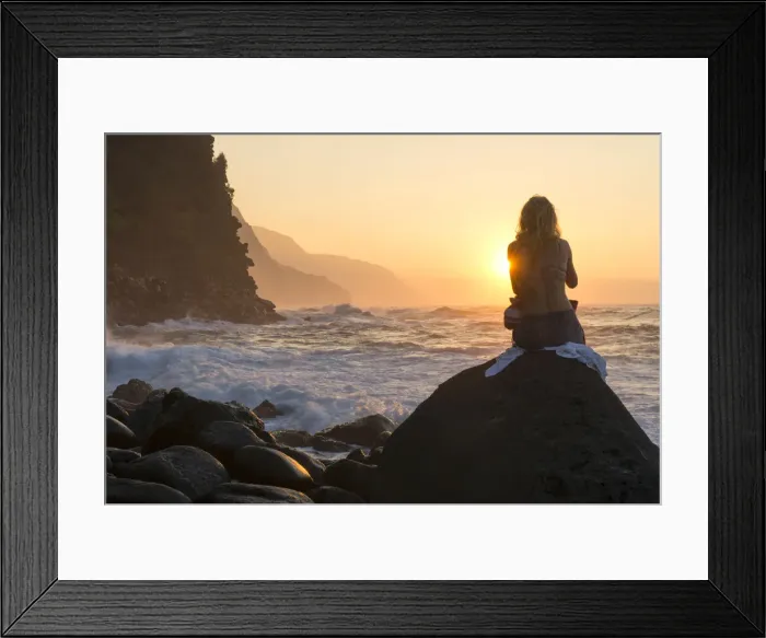 Framed Print : Kauai. USA, Hawaii, Kauai, Hanalei:Haena State Park, ke e beach, woman watching sunset