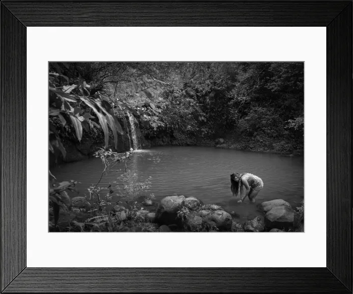 Framed Print : Maui. USA, Hawaii, Maui, Hana, hawaiian girl at waterfall, MR