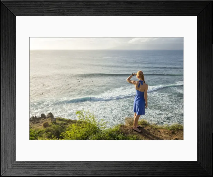 Framed Print : Maui. USA, Hawaii, Maui, island, Kapalua, Honolua Bay, woman watching surfer, MR 0540