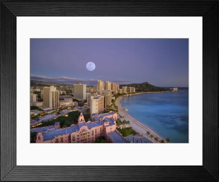 Framed Print : Hawaii. USA, Hawaii, Oahu, Honolulu, Waikiki, moon over the beach (m)