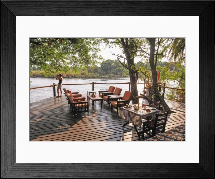 Framed Print : Namibia. Breakfast set, Deck, Ntwala Island Lodge Framed Print : Namibia. Breakfast set, Deck, Ntwala Island Lodge