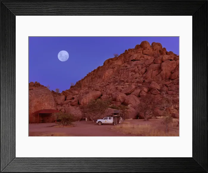 Framed Print : Namibia. KEA 4x4 Camper at boulders, Mowani Mountain Camp