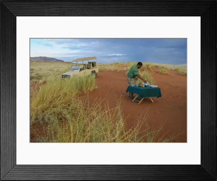 Framed Print : Safari. Sundowner, Wolwedans Lodge, Namib Rand Nature Reserve, Hardap Region, Namibia