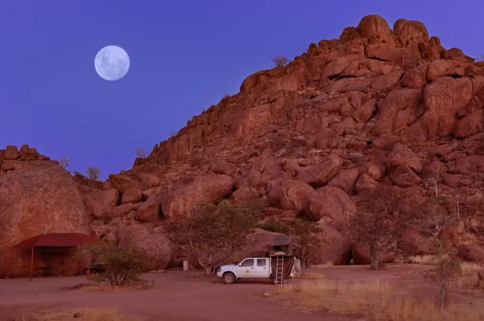 Framed Print : Namibia. KEA 4x4 Camper at boulders, Mowani Mountain Camp