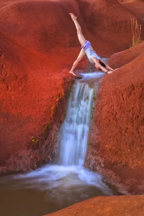 Framed Print : Kauai. USA, Hawaii, Kauai, woman doing Yoga pose at Waimea Canyon