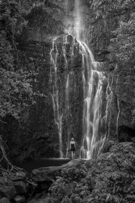 Framed Print : Maui. USA, Hawaii, Maui, Hana, girl standing in front of waterfall, MR