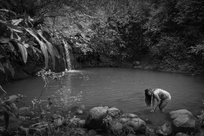 Framed Print : Maui. USA, Hawaii, Maui, Hana, hawaiian girl at waterfall, MR