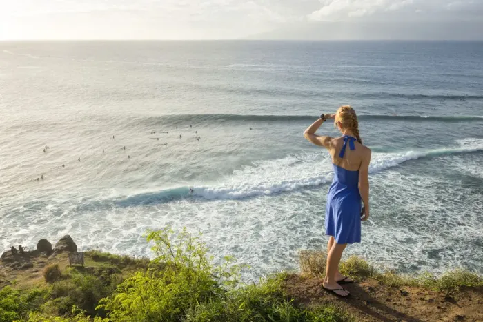 Framed Print : Maui. USA, Hawaii, Maui, island, Kapalua, Honolua Bay, woman watching surfer, MR 0540